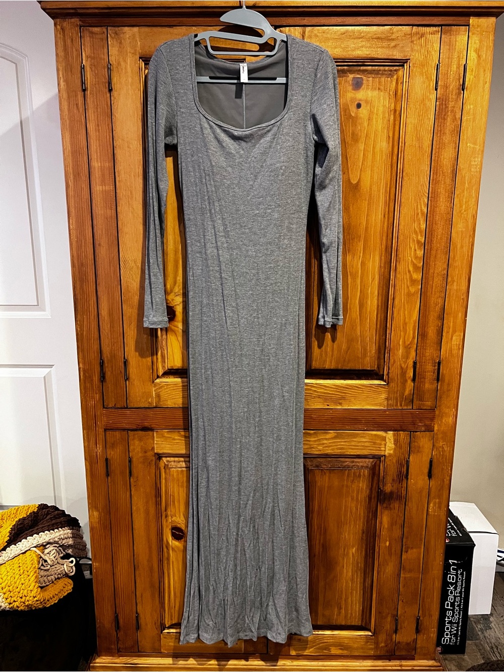 Popilush Gray Long Sleeve Scoop Neck Maxi Dress